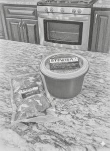Packaged stew ingredients on kitchen counter.