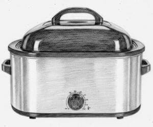 Slow cooker with a dial and handles.