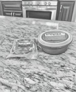 Food containers on a marble kitchen counter.