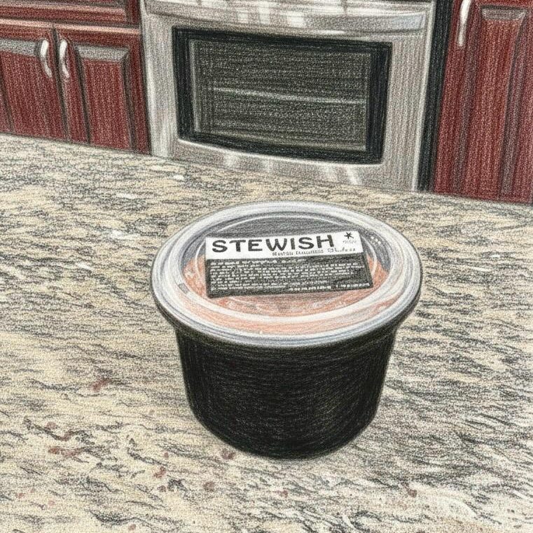 Container of stew on kitchen countertop.